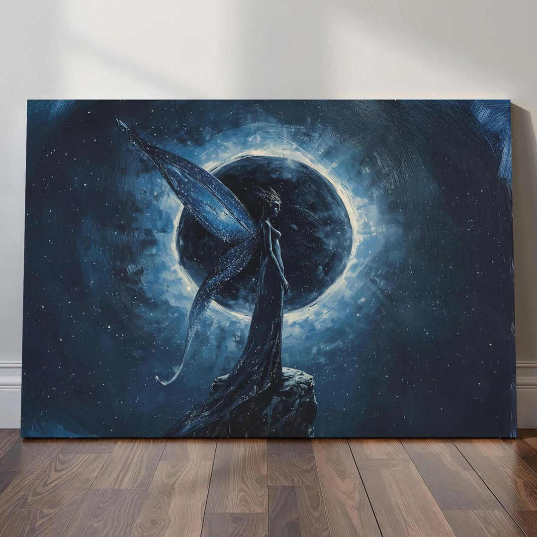 Celestial fantasy wall art featuring a moon fairy with flowing wings standing before a glowing eclipse, surrounded by deep blue cosmic textures.