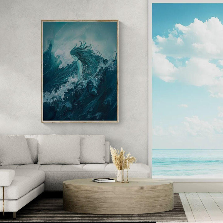 Ocean goddess wall art showing a tranquil sea deity emerging from swirling teal waves, blending fantasy, emotion, and coastal decor aesthetics