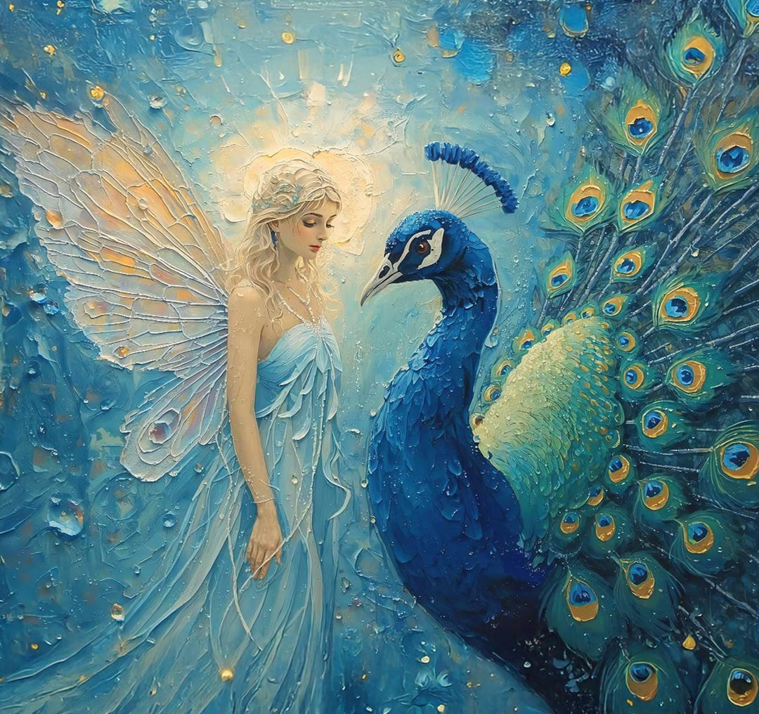 Peacock fairy wall art showing a serene winged fairy standing beside a radiant peacock with jeweled blue and gold feathers in a dreamy fantasy setting