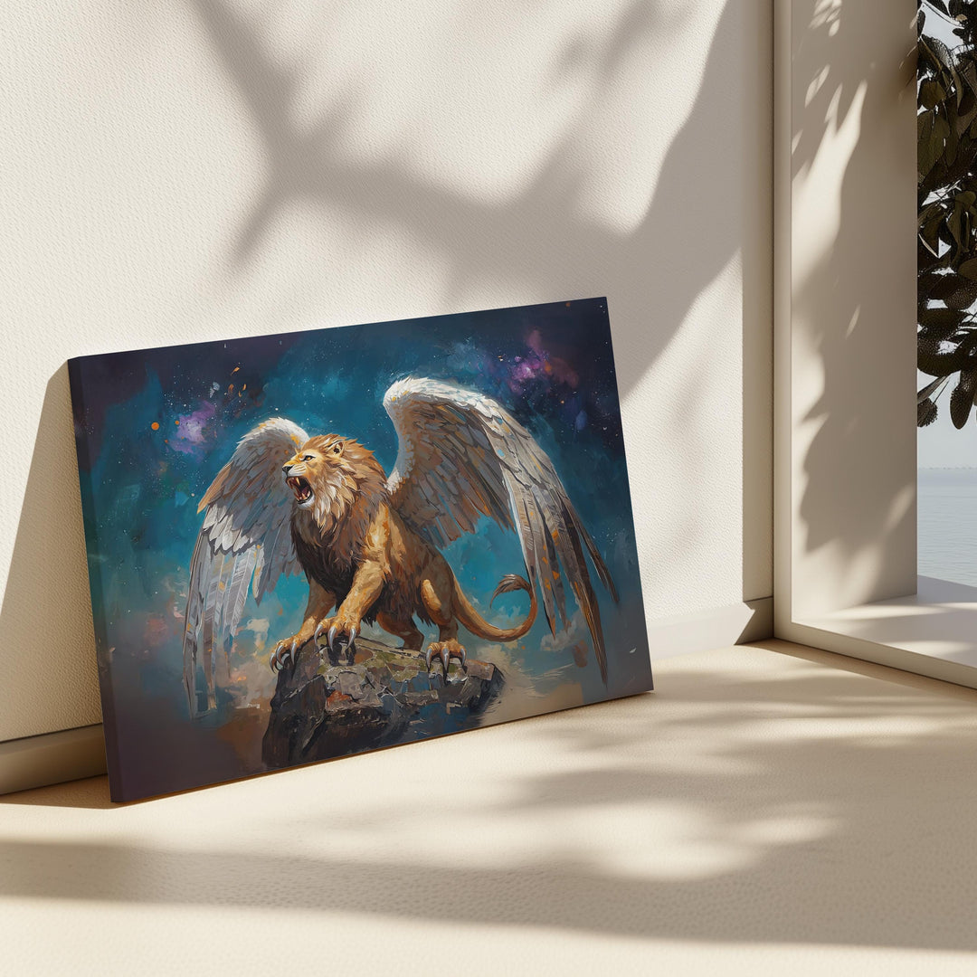 Winged lion wall art showing a roaring mythic lion with large feathered wings standing on stone beneath a dramatic fantasy sky