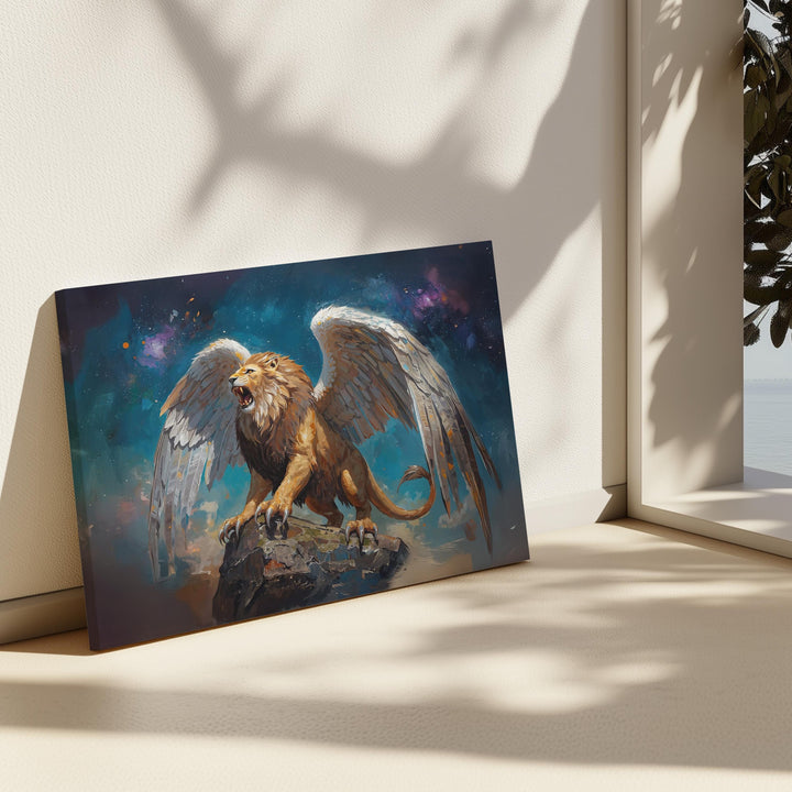 Winged lion wall art showing a roaring mythic lion with large feathered wings standing on stone beneath a dramatic fantasy sky
