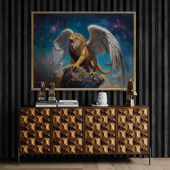Winged lion wall art showing a roaring mythic lion with large feathered wings standing on stone beneath a dramatic fantasy sky