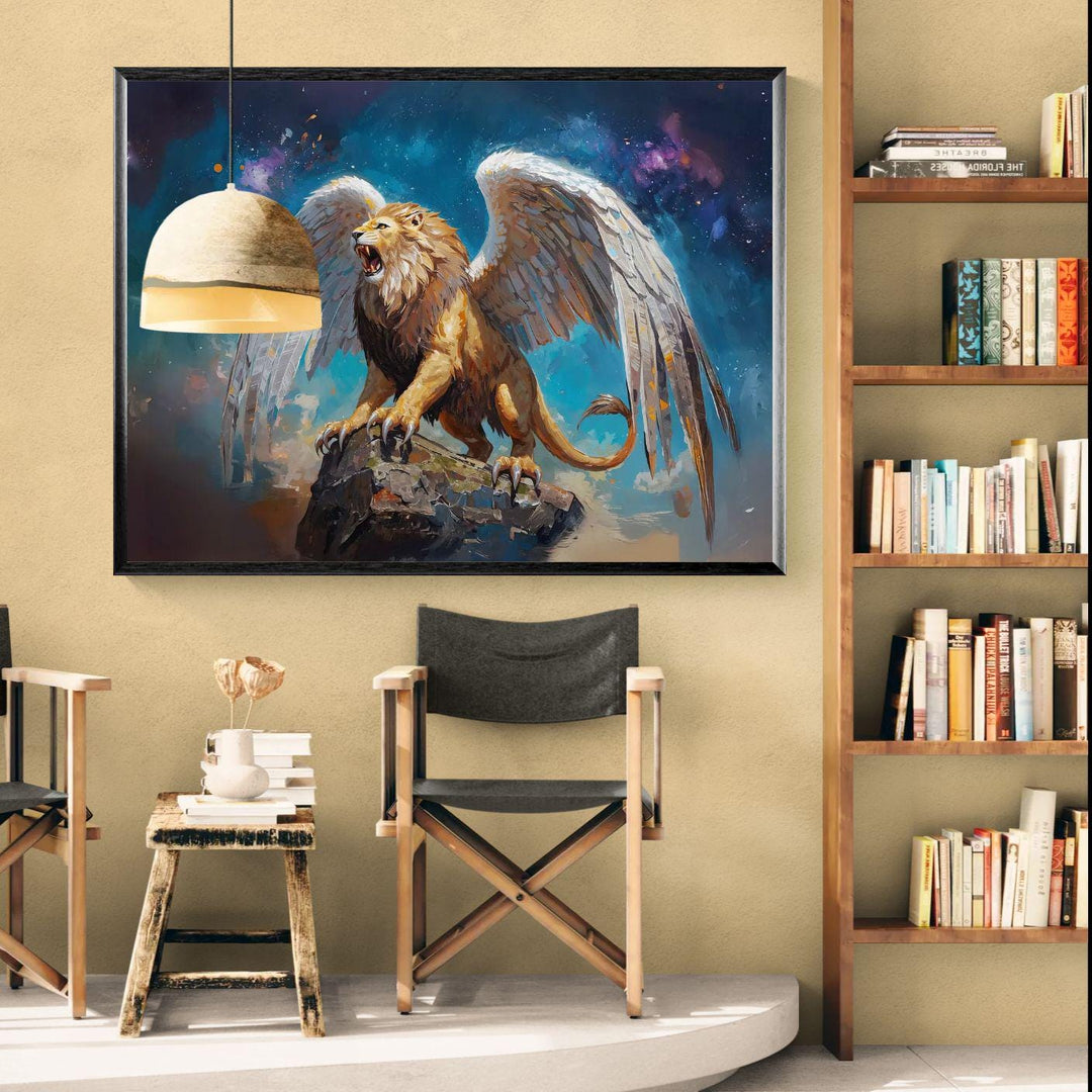 Winged lion wall art showing a roaring mythic lion with large feathered wings standing on stone beneath a dramatic fantasy sky