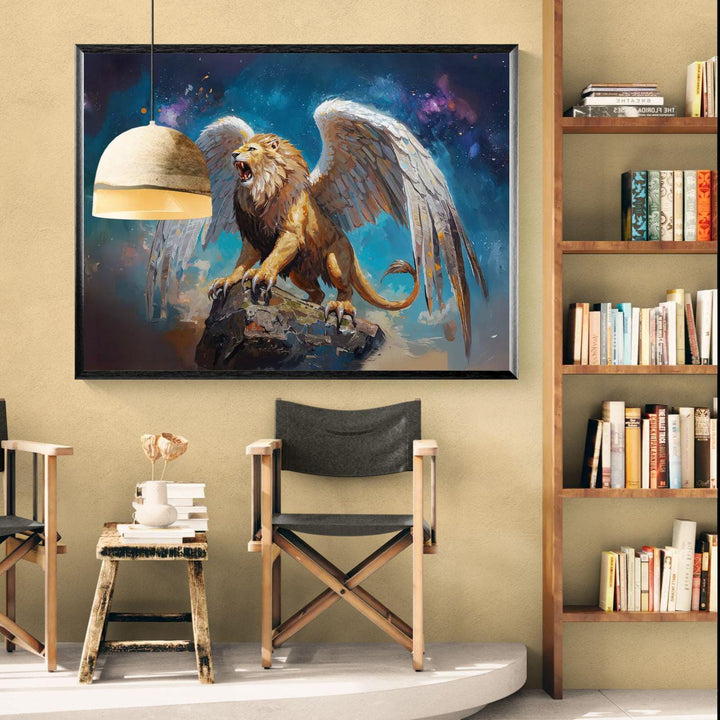 Winged lion wall art showing a roaring mythic lion with large feathered wings standing on stone beneath a dramatic fantasy sky