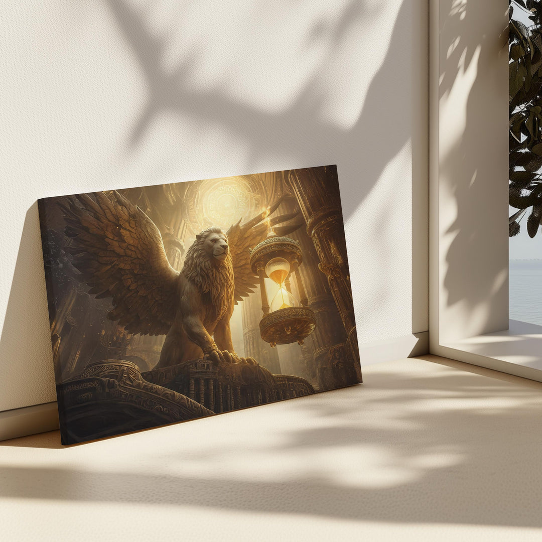 Epic mythical creature wall art featuring a powerful winged griffin guarding an ornate hourglass inside a glowing temple, symbolizing time and eternal protection