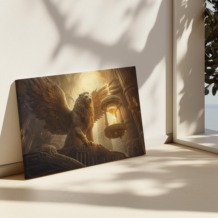 Epic mythical creature wall art featuring a powerful winged griffin guarding an ornate hourglass inside a glowing temple, symbolizing time and eternal protection