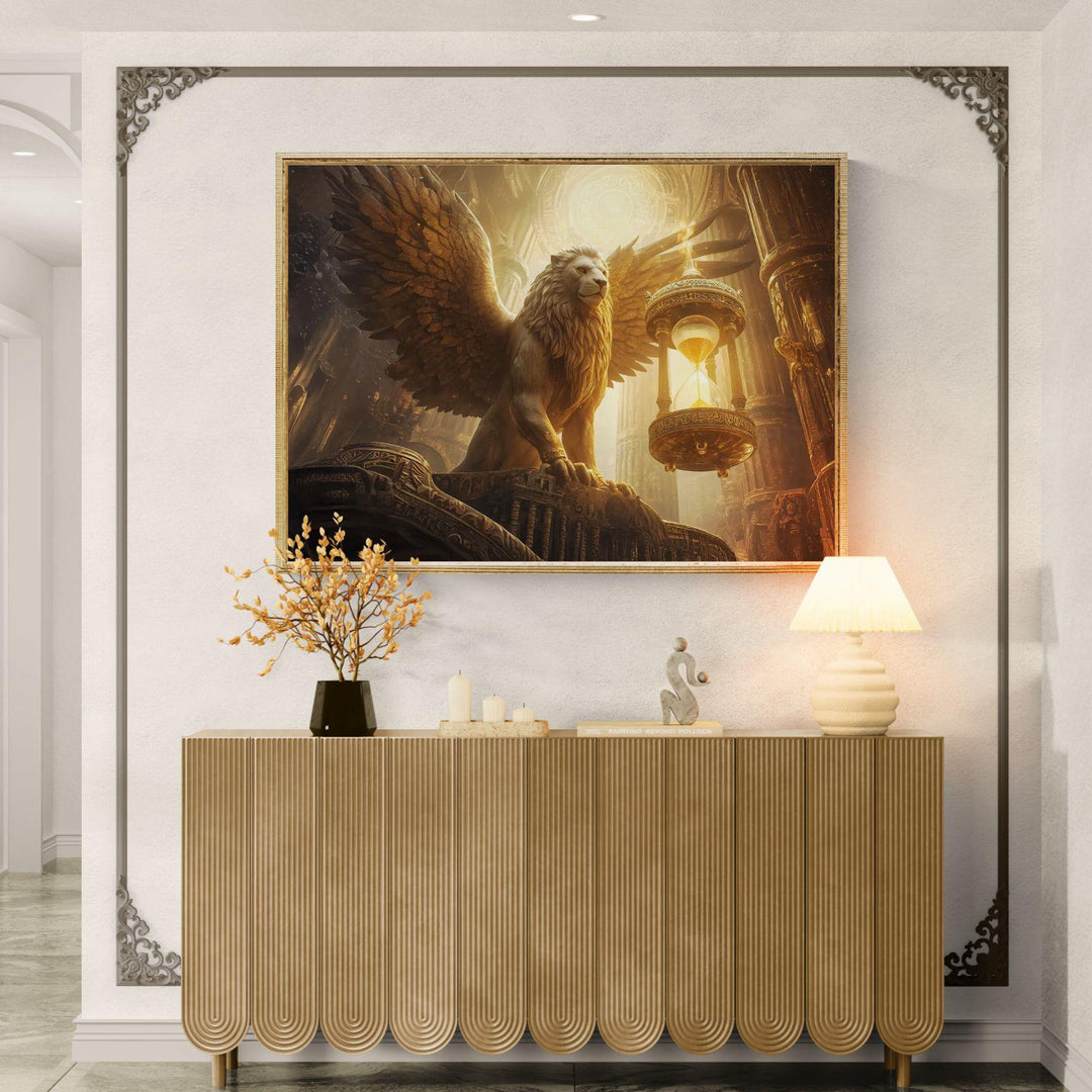 Epic mythical creature wall art featuring a powerful winged griffin guarding an ornate hourglass inside a glowing temple, symbolizing time and eternal protection
