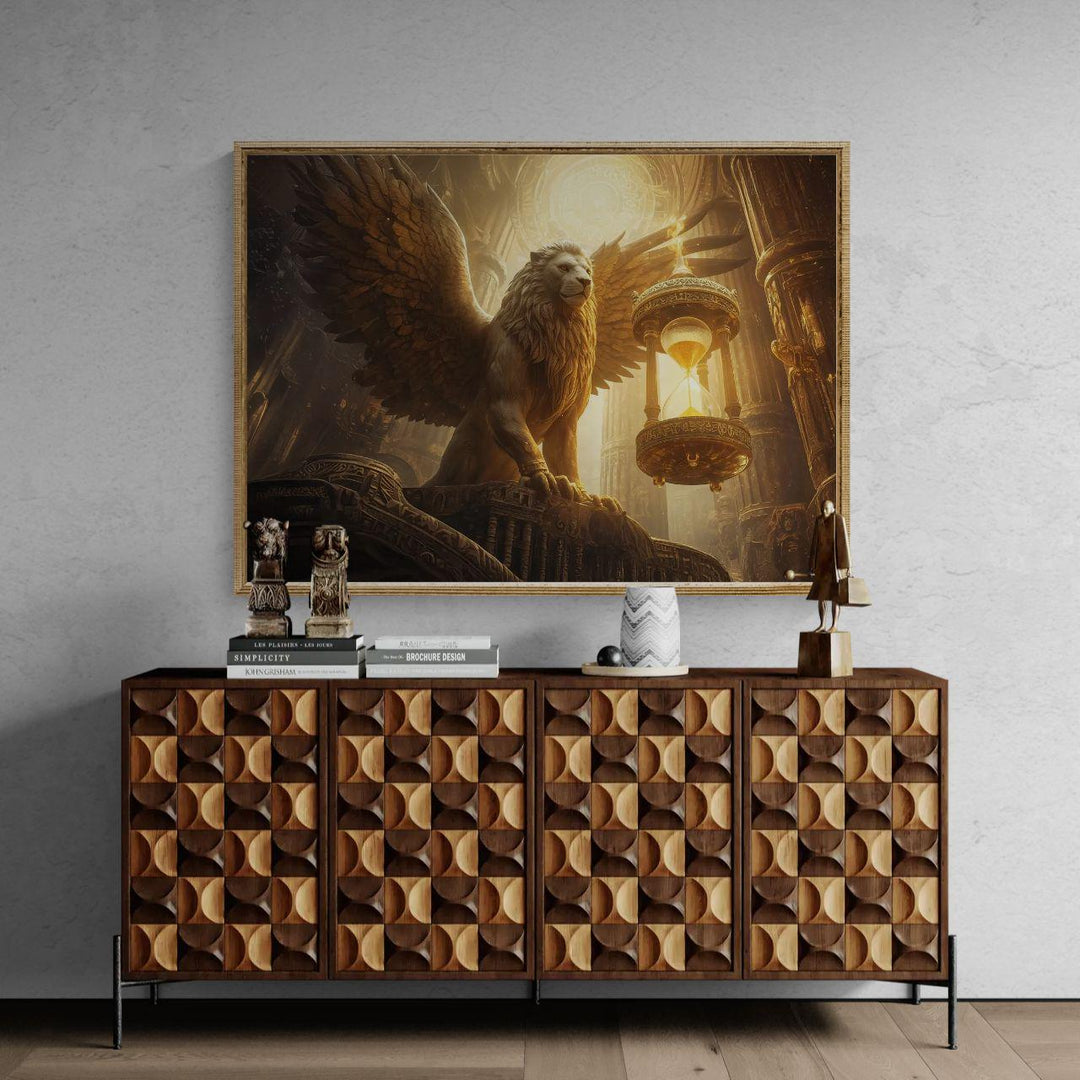 Epic mythical creature wall art featuring a powerful winged griffin guarding an ornate hourglass inside a glowing temple, symbolizing time and eternal protection