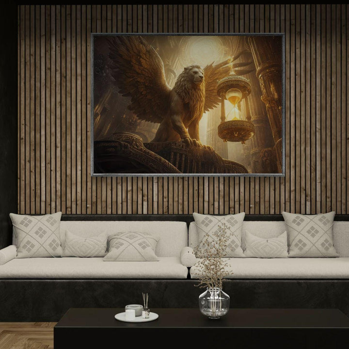 Epic mythical creature wall art featuring a powerful winged griffin guarding an ornate hourglass inside a glowing temple, symbolizing time and eternal protection