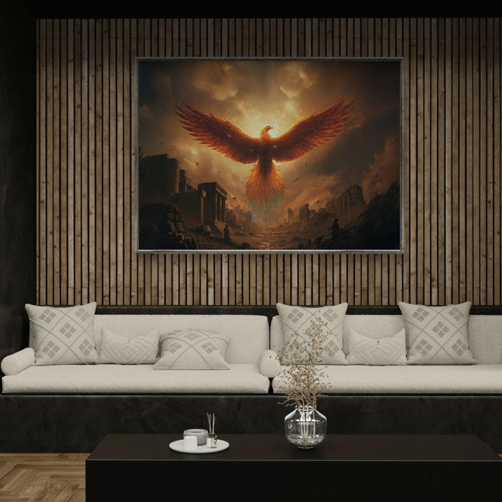 Epic mythical creature wall art featuring a fiery phoenix rising above ancient ruins, glowing with celestial fire and symbolizing rebirth, strength, and eternity