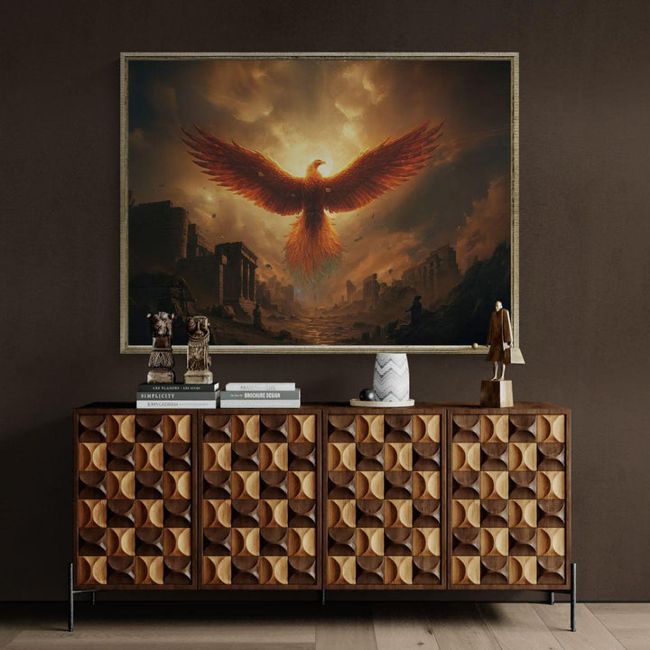 Epic mythical creature wall art featuring a fiery phoenix rising above ancient ruins, glowing with celestial fire and symbolizing rebirth, strength, and eternity