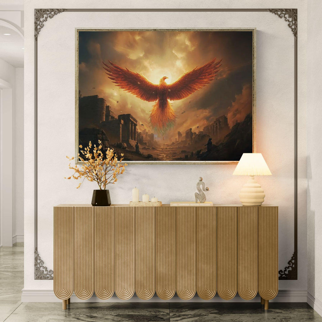Epic mythical creature wall art featuring a fiery phoenix rising above ancient ruins, glowing with celestial fire and symbolizing rebirth, strength, and eternity