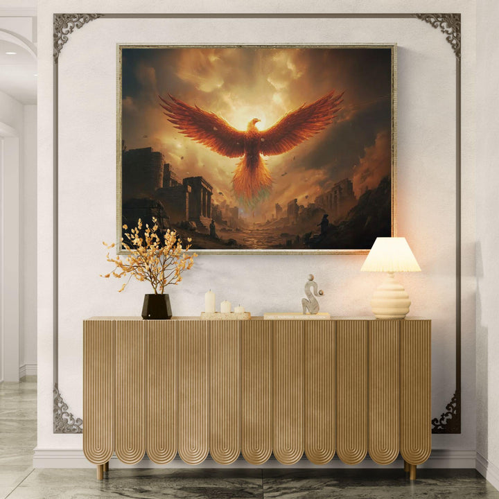 Epic mythical creature wall art featuring a fiery phoenix rising above ancient ruins, glowing with celestial fire and symbolizing rebirth, strength, and eternity