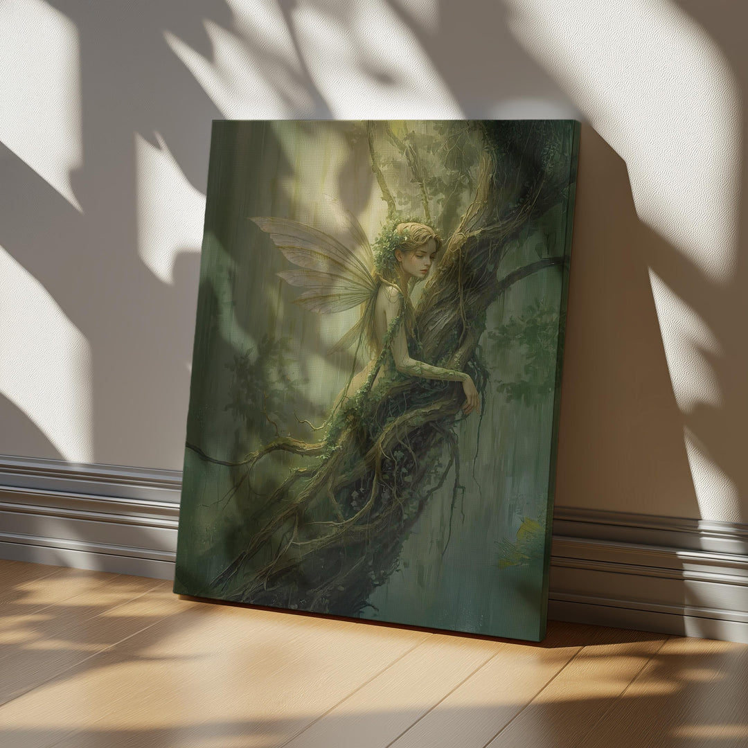 Ethereal fairy wall art featuring a delicate forest fairy entwined with ancient roots, translucent wings, and soft green light, evoking calm woodland magic and fairycore fantasy