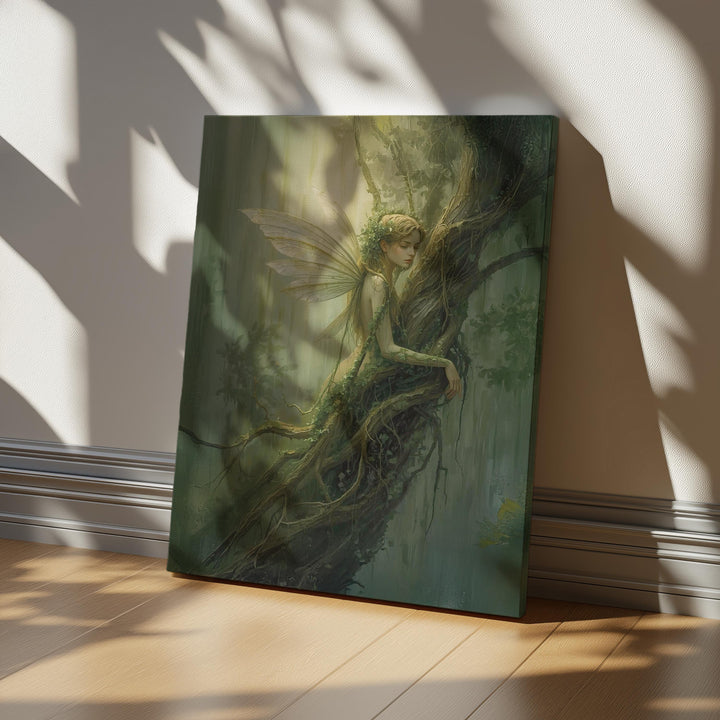 Ethereal fairy wall art featuring a delicate forest fairy entwined with ancient roots, translucent wings, and soft green light, evoking calm woodland magic and fairycore fantasy