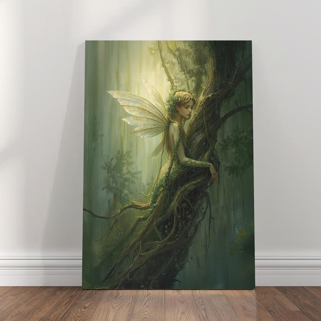 Ethereal fairy wall art featuring a delicate forest fairy entwined with ancient roots, translucent wings, and soft green light, evoking calm woodland magic and fairycore fantasy