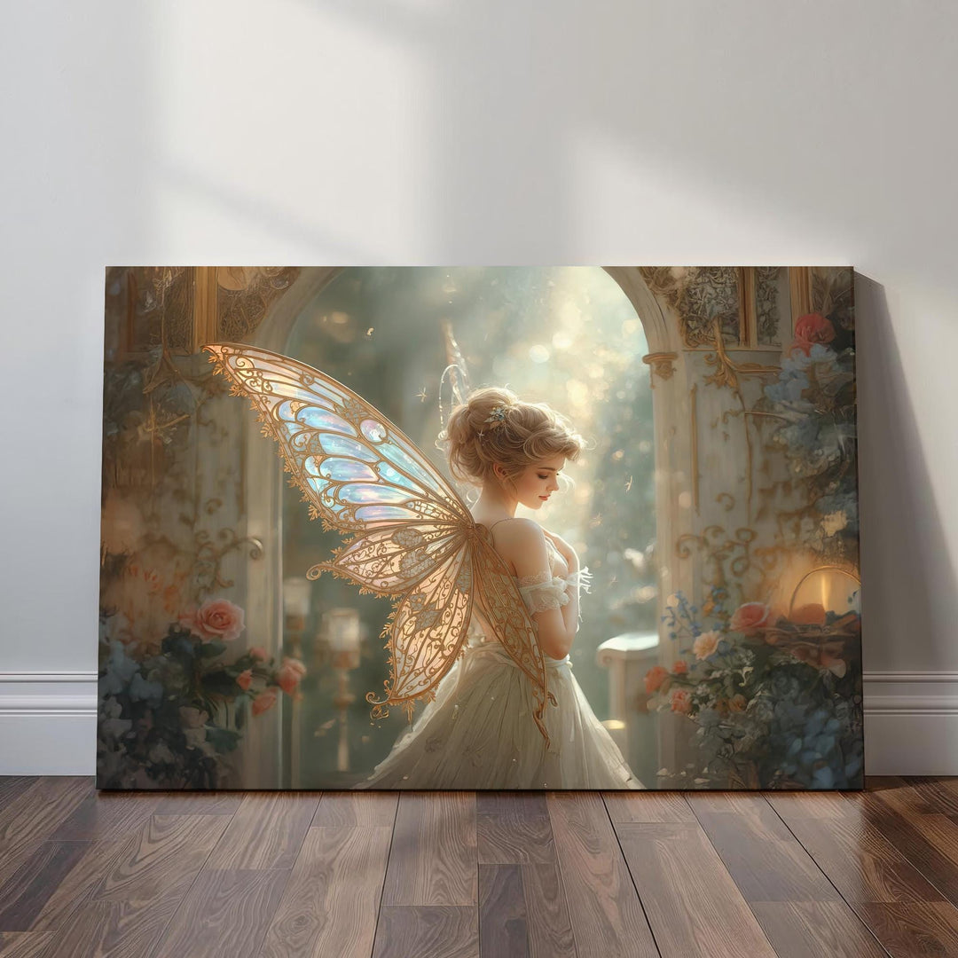 Ethereal fairycore wall art depicting a graceful winged fairy with ornate pastel wings, soft golden light, and romantic fantasy details, perfect for whimsical bedroom decor and fairycore interiors.