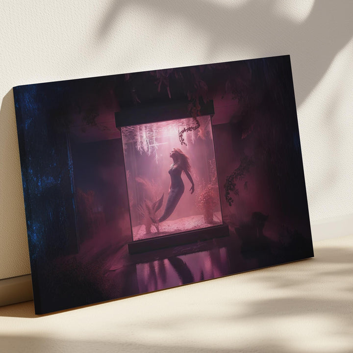 Mermaid aquarium wall art depicting a surreal fantasy scene of a mermaid suspended inside an illuminated aquarium tank with moody lighting, perfect for dark and conceptual fantasy home decor.