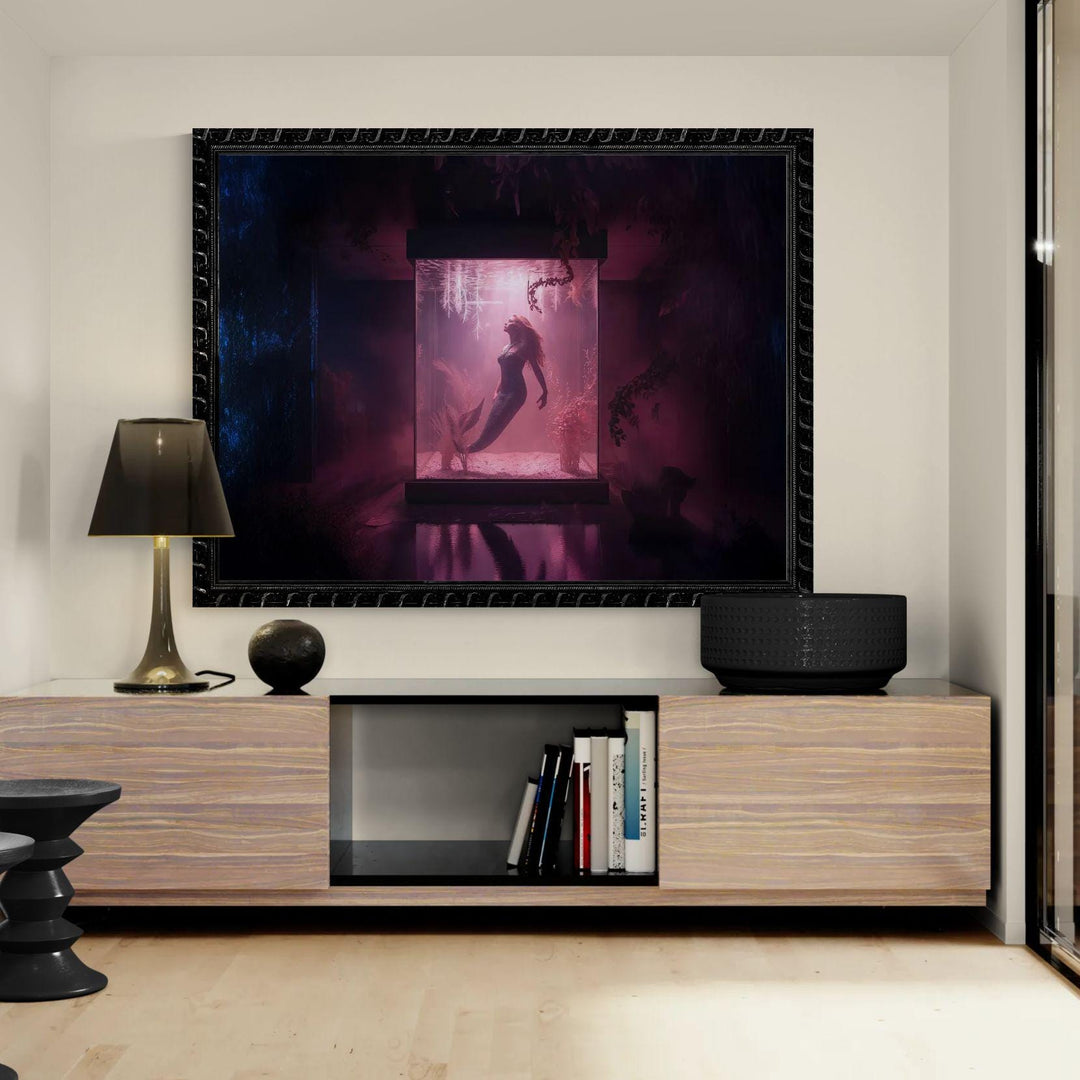 Mermaid aquarium wall art depicting a surreal fantasy scene of a mermaid suspended inside an illuminated aquarium tank with moody lighting, perfect for dark and conceptual fantasy home decor.