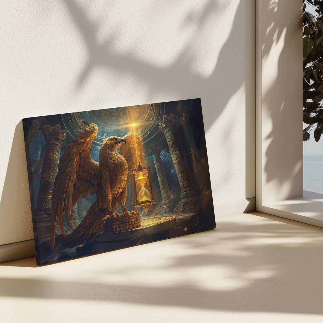 A powerful golden eagle stands as a time guardian inside an ancient fantasy temple, holding a glowing hourglass surrounded by celestial symbols and dramatic light