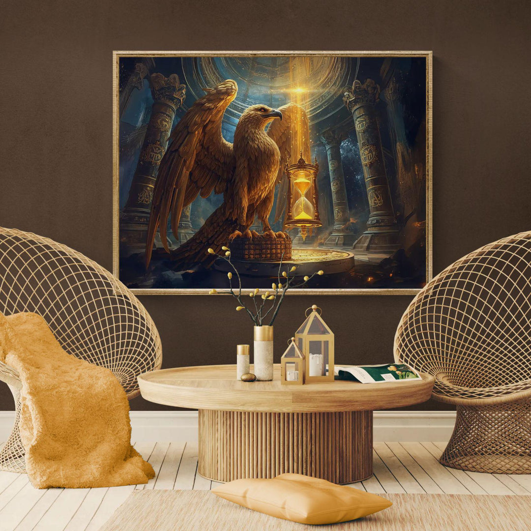 A powerful golden eagle stands as a time guardian inside an ancient fantasy temple, holding a glowing hourglass surrounded by celestial symbols and dramatic light