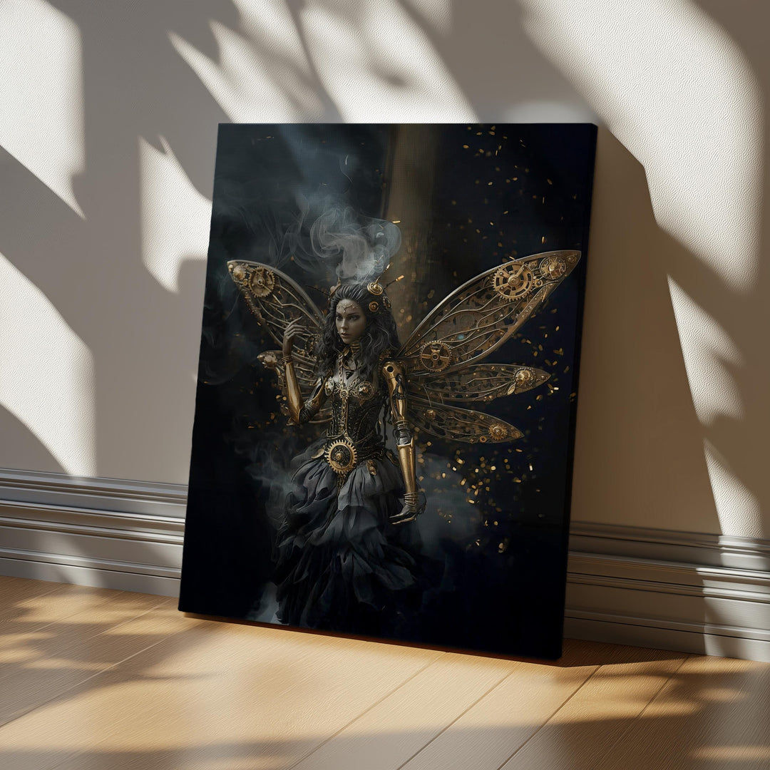 A dark steampunk fairy with intricate mechanical wings made of golden gears and brass components stands in swirling smoke, creating a powerful gothic fantasy scene