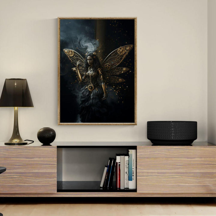 A dark steampunk fairy with intricate mechanical wings made of golden gears and brass components stands in swirling smoke, creating a powerful gothic fantasy scene