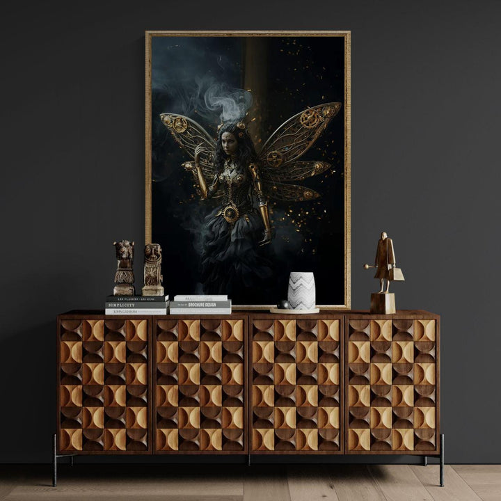 A dark steampunk fairy with intricate mechanical wings made of golden gears and brass components stands in swirling smoke, creating a powerful gothic fantasy scene