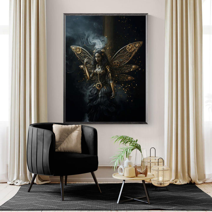 A dark steampunk fairy with intricate mechanical wings made of golden gears and brass components stands in swirling smoke, creating a powerful gothic fantasy scene