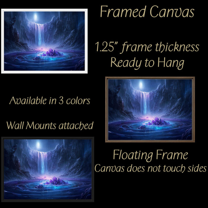 Crystal Waterfall Fantasy Wall Art Canvas Print | Moonlit Amethyst Cavern Decor