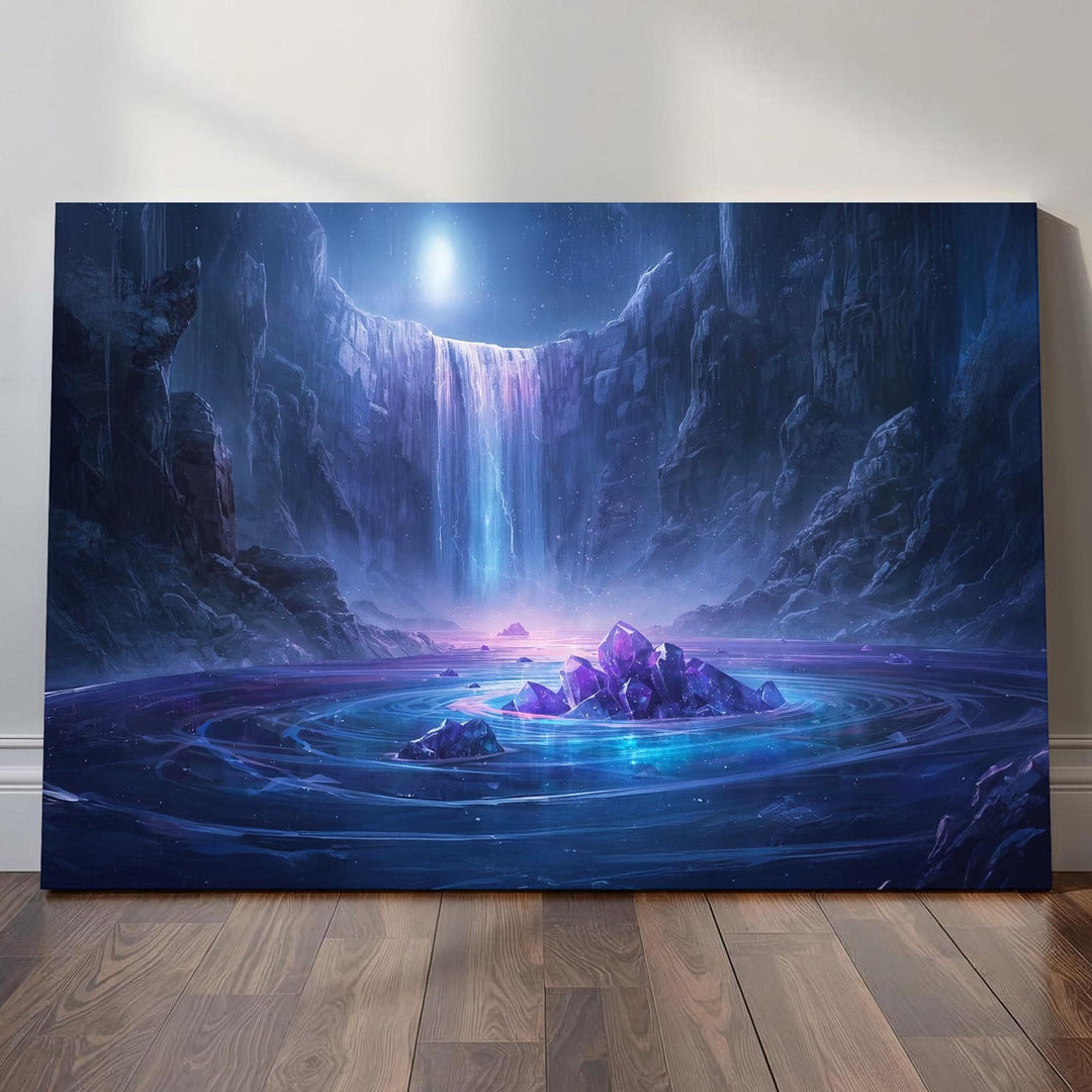 Crystal waterfall fantasy wall art featuring a moonlit cavern, cascading glowing water, luminous purple crystals, and a serene magical atmosphere perfect for fantasy home decor