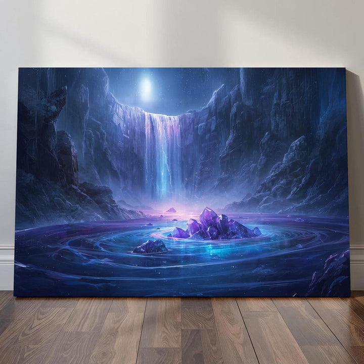 Crystal waterfall fantasy wall art featuring a moonlit cavern, cascading glowing water, luminous purple crystals, and a serene magical atmosphere perfect for fantasy home decor