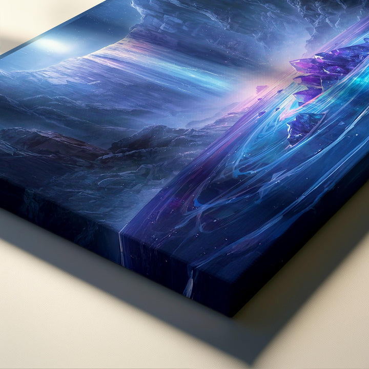 Crystal waterfall fantasy wall art featuring a moonlit cavern, cascading glowing water, luminous purple crystals, and a serene magical atmosphere perfect for fantasy home decor