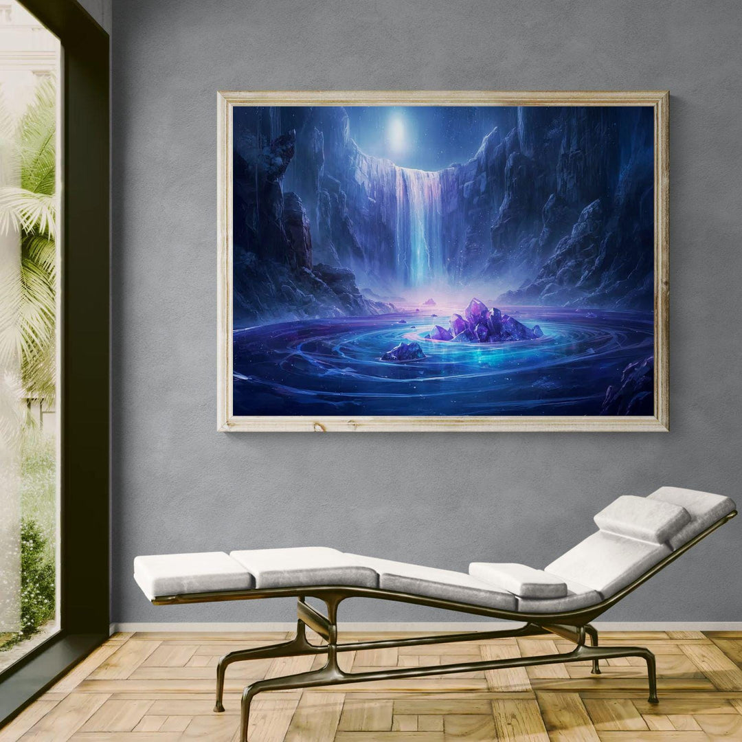 Crystal waterfall fantasy wall art featuring a moonlit cavern, cascading glowing water, luminous purple crystals, and a serene magical atmosphere perfect for fantasy home decor