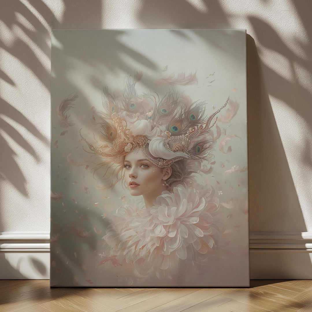 Ethereal fantasy portrait wall art featuring a graceful peacock queen adorned with a feathered crown, soft pastel colors, and a whimsical, celestial atmosphere perfect for elegant fantasy decor.