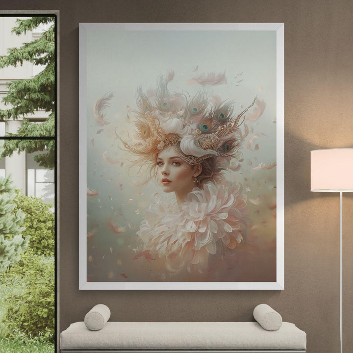Ethereal fantasy portrait wall art featuring a graceful peacock queen adorned with a feathered crown, soft pastel colors, and a whimsical, celestial atmosphere perfect for elegant fantasy decor.