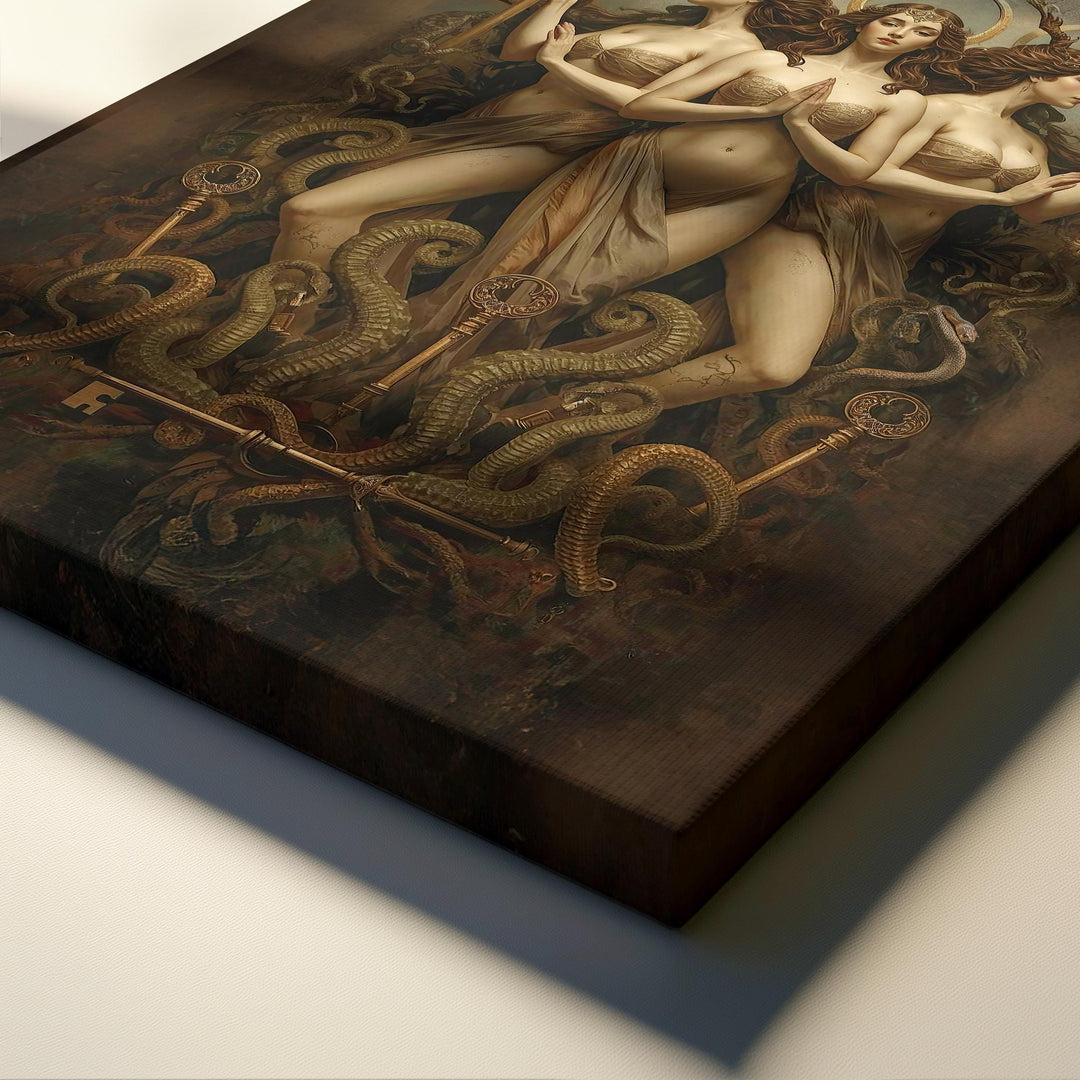Hecate wall art depicting the triple goddess with lunar crowns, sacred keys, and intertwined serpents in a dark fantasy celestial composition for witchy home decor