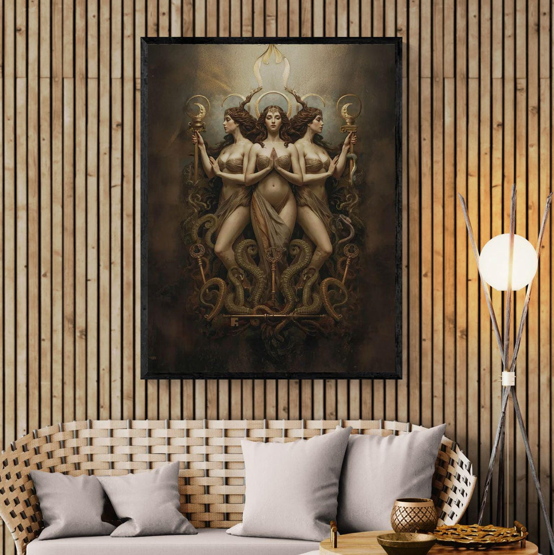 Hecate wall art depicting the triple goddess with lunar crowns, sacred keys, and intertwined serpents in a dark fantasy celestial composition for witchy home decor