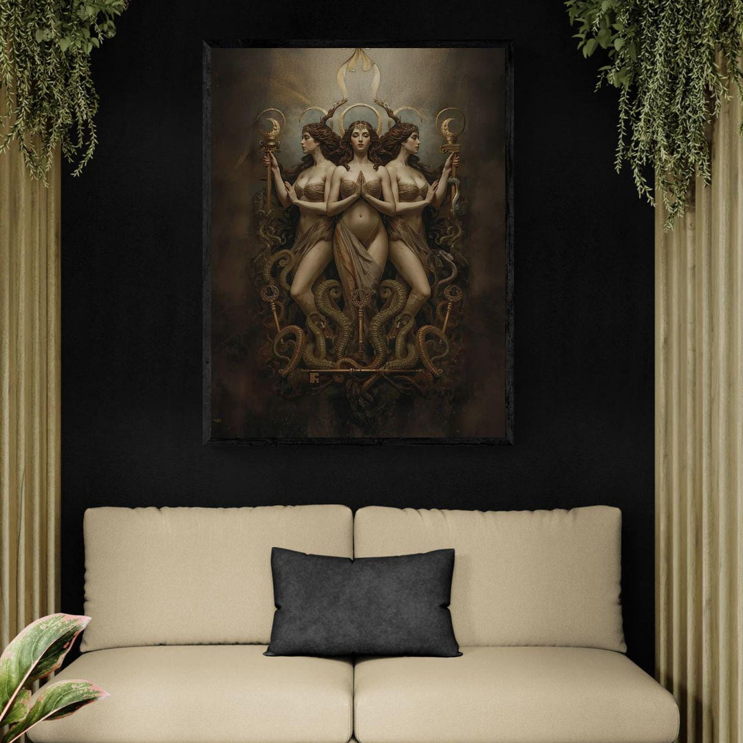 Hecate wall art depicting the triple goddess with lunar crowns, sacred keys, and intertwined serpents in a dark fantasy celestial composition for witchy home decor