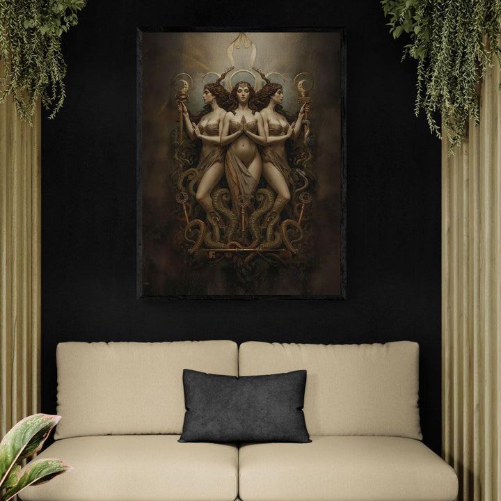 Hecate wall art depicting the triple goddess with lunar crowns, sacred keys, and intertwined serpents in a dark fantasy celestial composition for witchy home decor