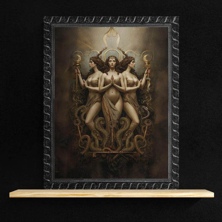 Hecate wall art depicting the triple goddess with lunar crowns, sacred keys, and intertwined serpents in a dark fantasy celestial composition for witchy home decor