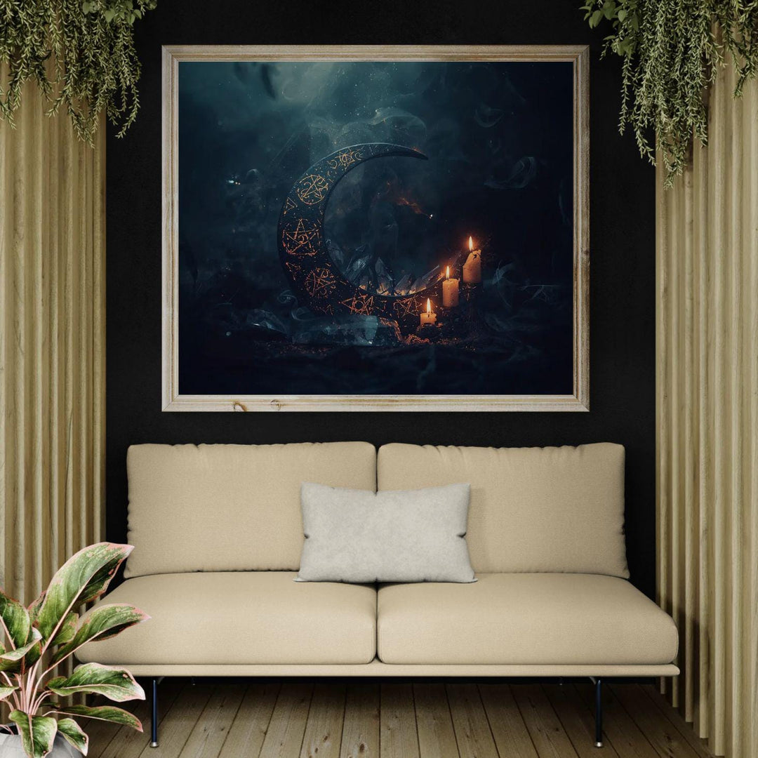 Occult moon wall art depicting a crescent moon etched with arcane symbols, surrounded by candles and smoke in a dark fantasy ritual setting