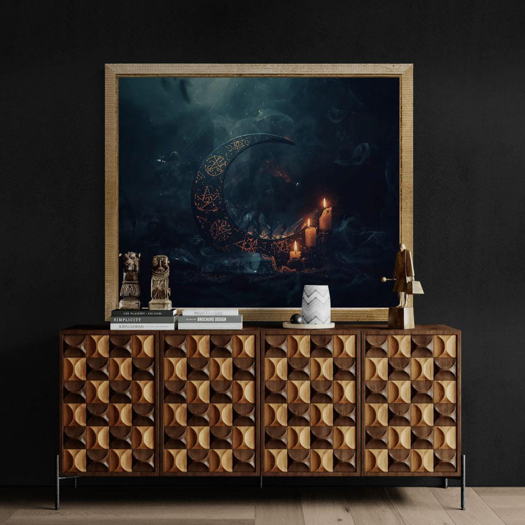 Occult moon wall art depicting a crescent moon etched with arcane symbols, surrounded by candles and smoke in a dark fantasy ritual setting