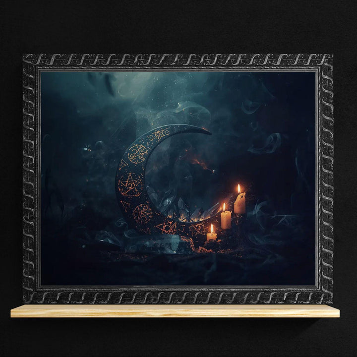 Occult moon wall art depicting a crescent moon etched with arcane symbols, surrounded by candles and smoke in a dark fantasy ritual setting