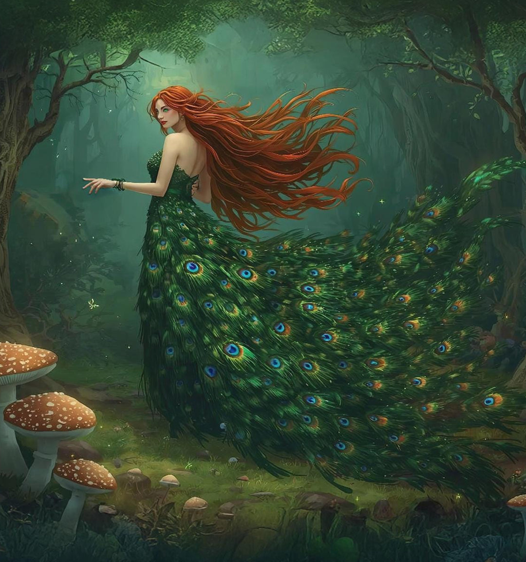 Peacock goddess wall art depicting a mythical forest woman in an enchanted forest, wearing a flowing emerald peacock feather gown with glowing woodland details