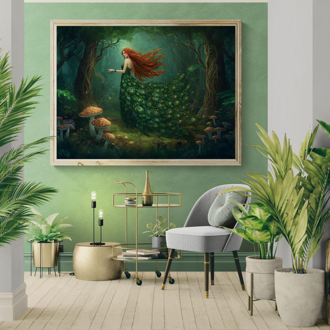 Peacock goddess wall art depicting a mythical forest woman in an enchanted forest, wearing a flowing emerald peacock feather gown with glowing woodland details