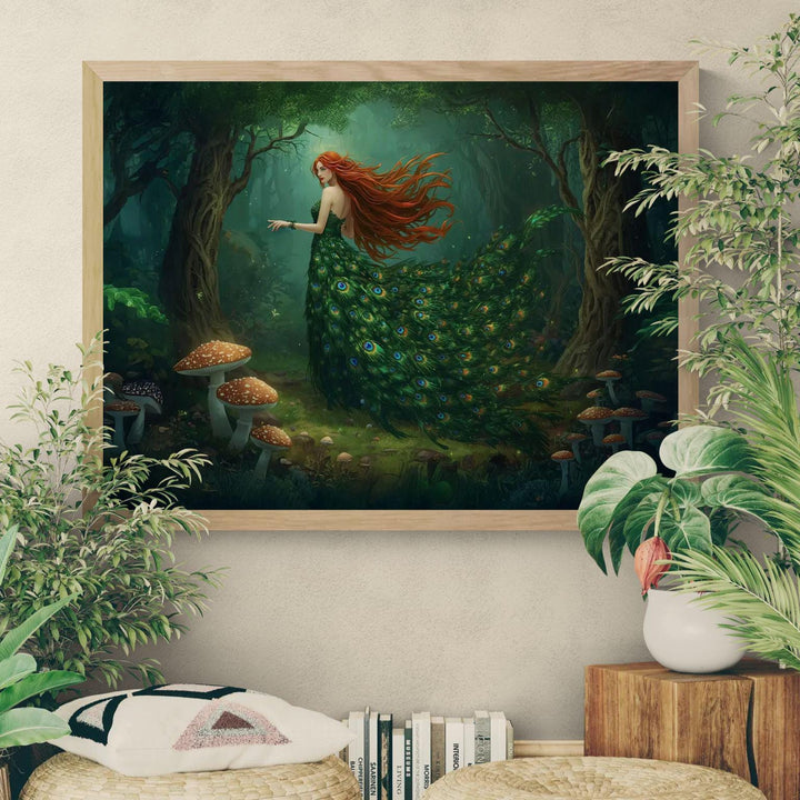 Peacock goddess wall art depicting a mythical forest woman in an enchanted forest, wearing a flowing emerald peacock feather gown with glowing woodland details