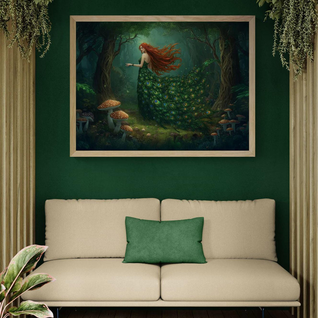 Peacock goddess wall art depicting a mythical forest woman in an enchanted forest, wearing a flowing emerald peacock feather gown with glowing woodland details
