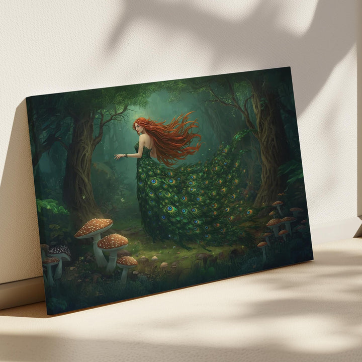 Peacock goddess wall art depicting a mythical forest woman in an enchanted forest, wearing a flowing emerald peacock feather gown with glowing woodland details