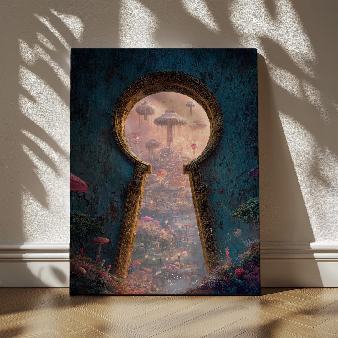 Fantasy portal wall art depicting an ornate keyhole revealing a luminous dreamscape city with floating islands, glowing mushrooms, and magical fantasy architecture